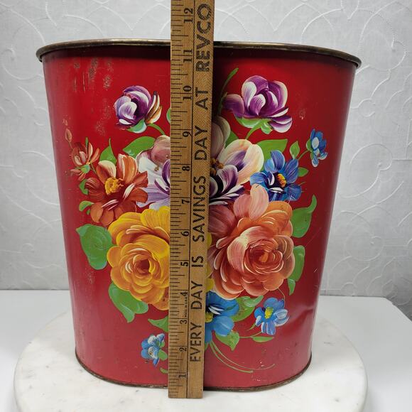 VTG Harvell Tolled Metal Trash Can 12" Red Floral Painted Oval MCM Wastebasket - Picture 7 of 16